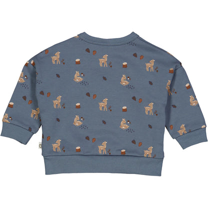 Blue baby sweatshirt featuring deer, mushrooms, and acorns pattern, perfect for little woodland adventurers.