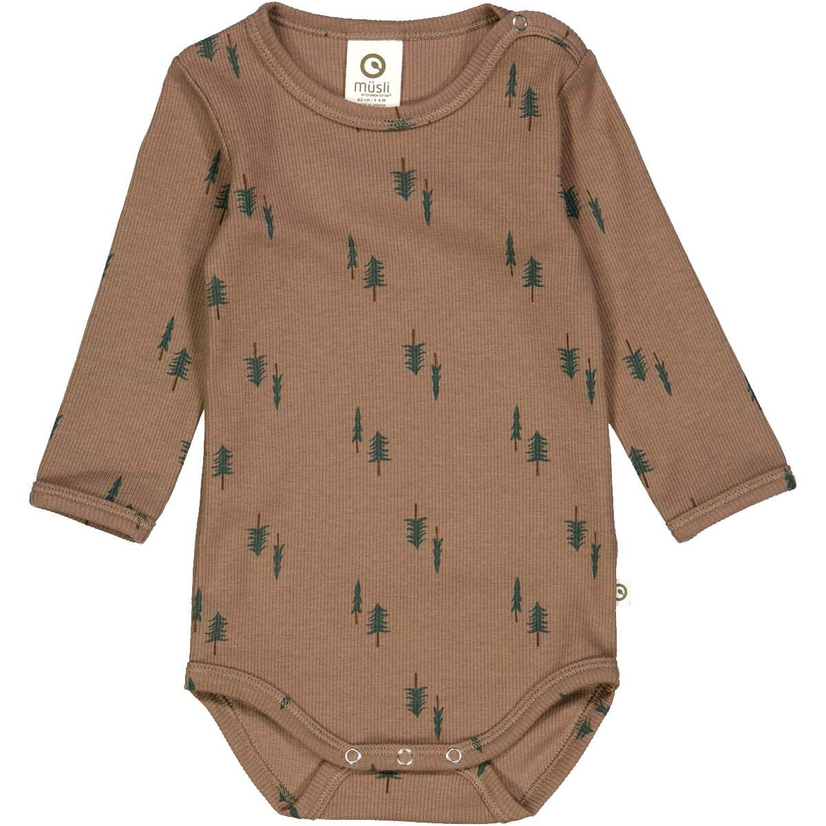 Brown long-sleeve baby bodysuit with green tree print made from ribbed fabric, designed for nature-loving adventures.