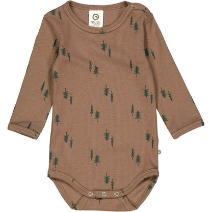 Brown long-sleeve baby bodysuit with green tree print made from ribbed fabric, designed for nature-loving adventures.