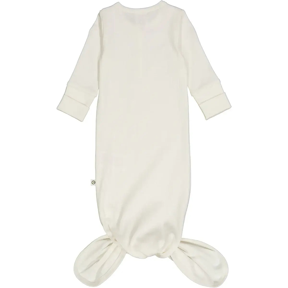 Soft white baby sleep gown with ribbed pattern and knotted bottom for easy diaper changes.