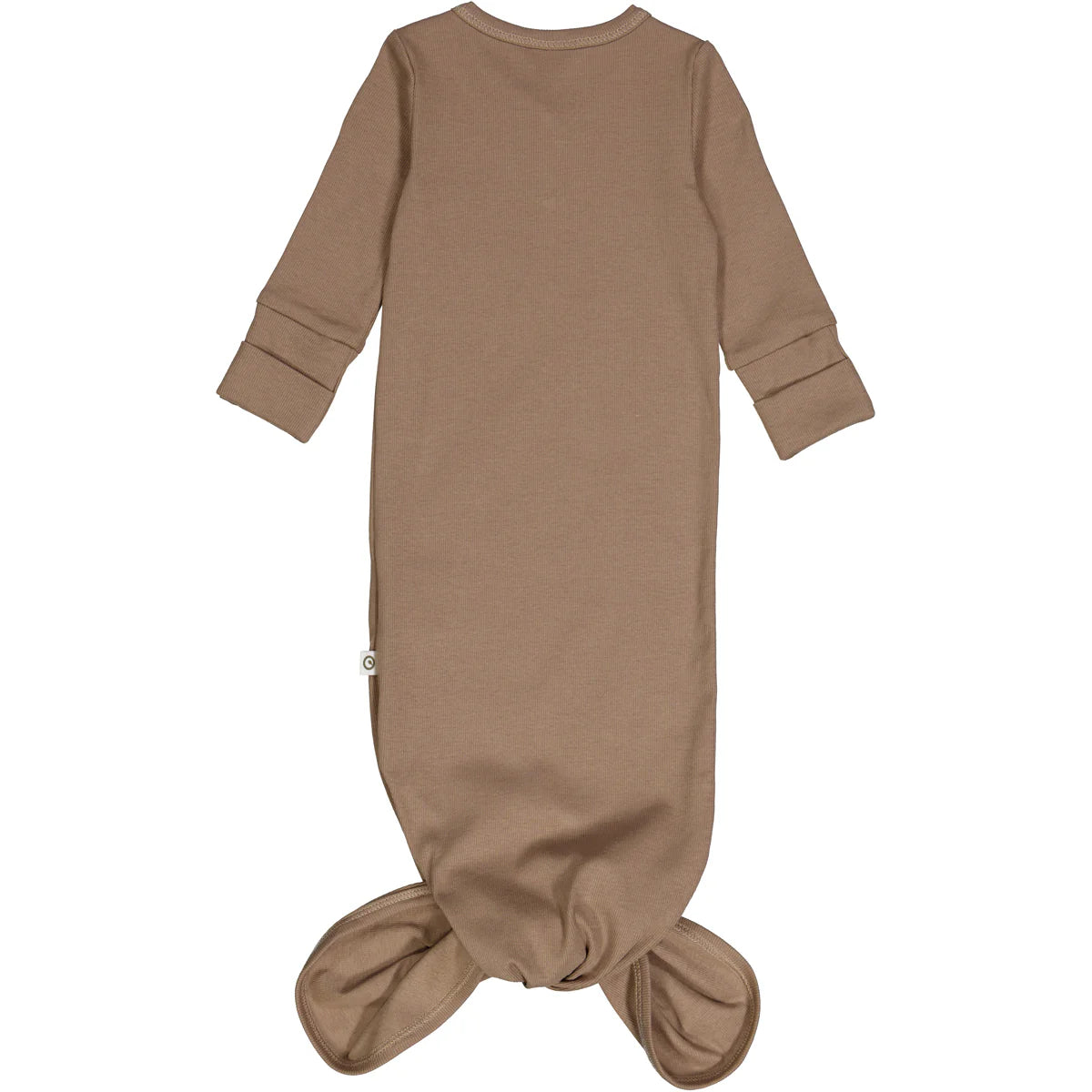 Brown ribbed knotted baby gown with knot closure for easy diaper change.