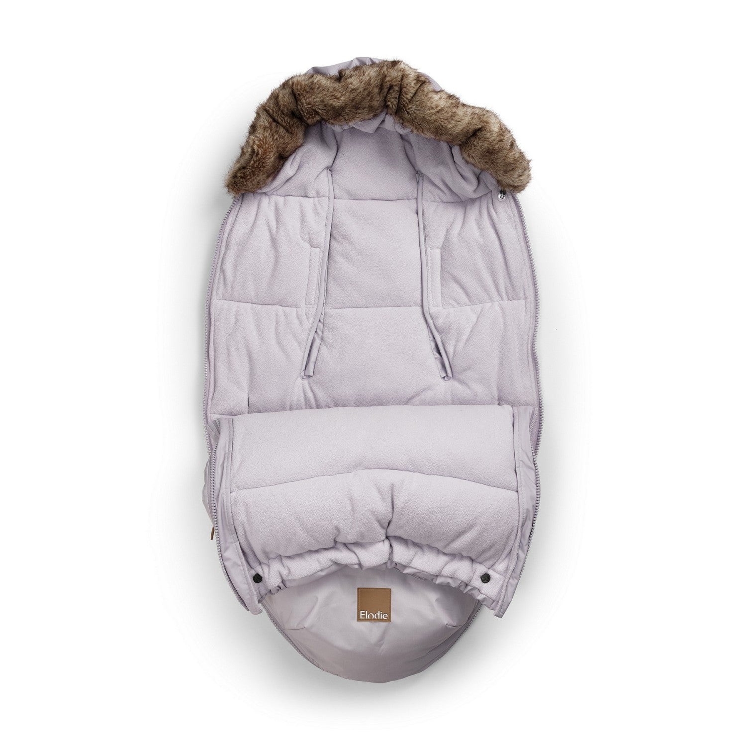 Luxurious lavender footmuff with fur-lined hood, ideal for winter warmth and style for babies.