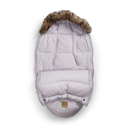 Luxurious lavender footmuff with fur-lined hood, ideal for winter warmth and style for babies.