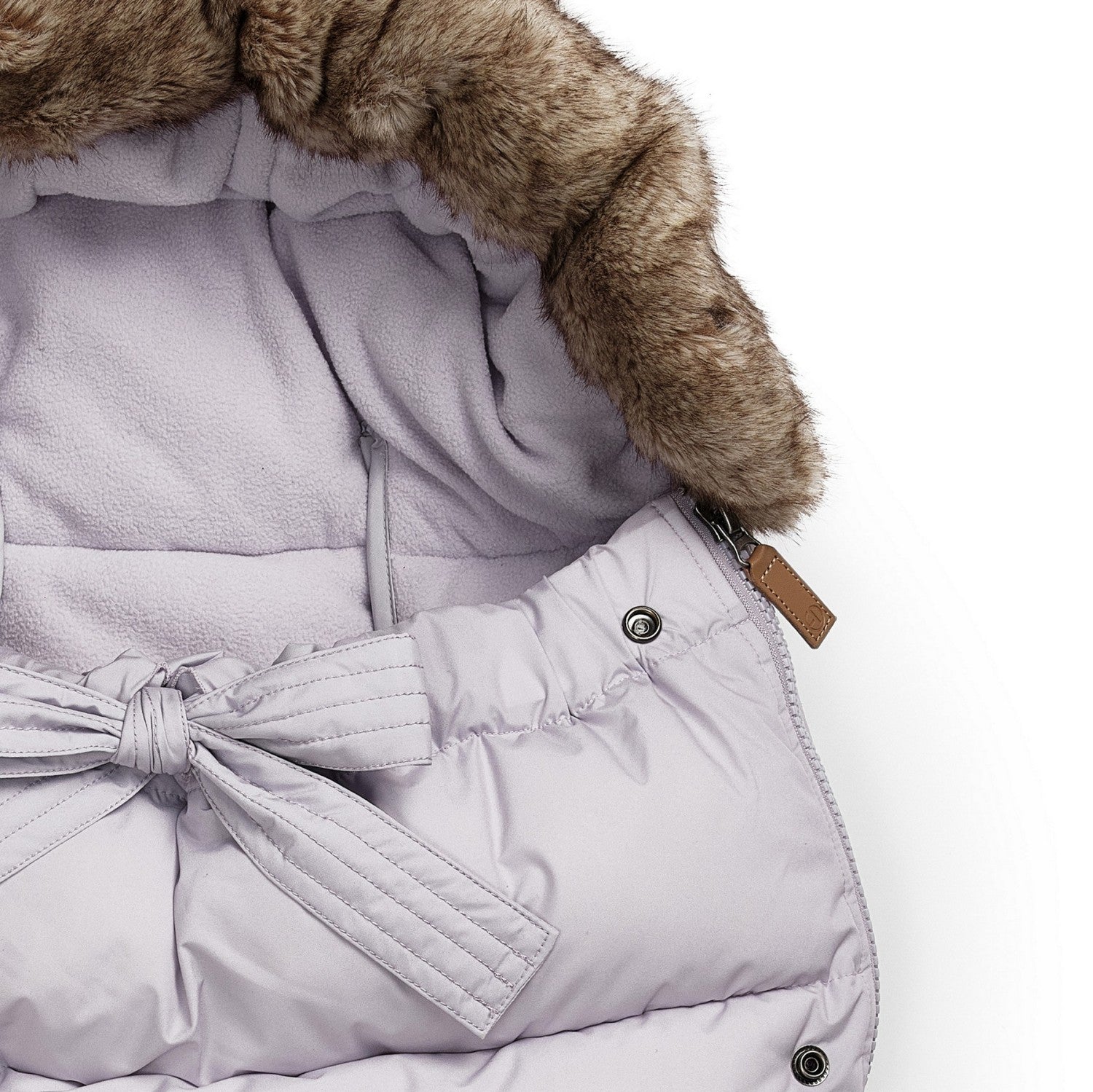 Luxurious lavender footmuff with thick padding and faux fur trim, perfect for keeping babies warm in winter.