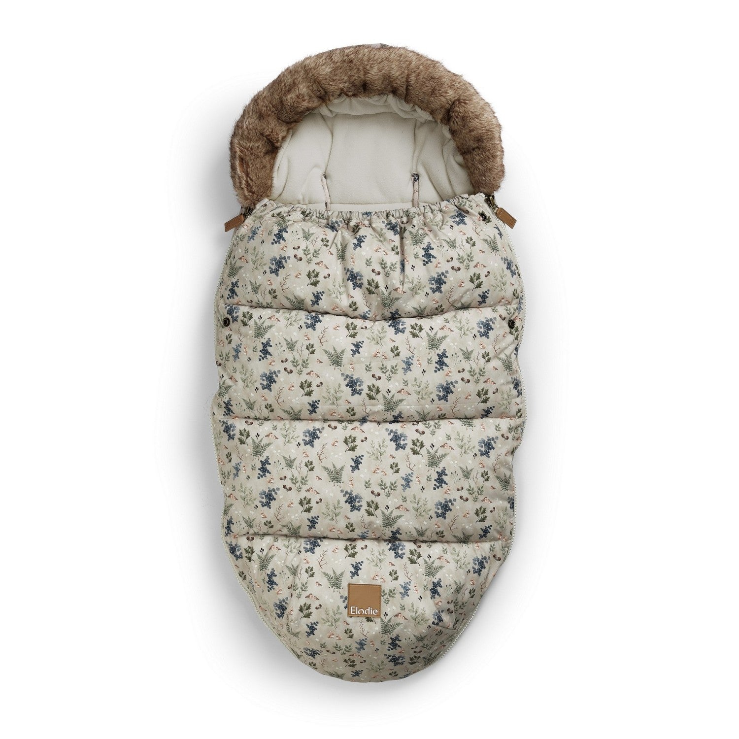 Fairytale Forest Fußsack with floral print, thick padding, and fur-trimmed hood, ideal for winter warmth and style.