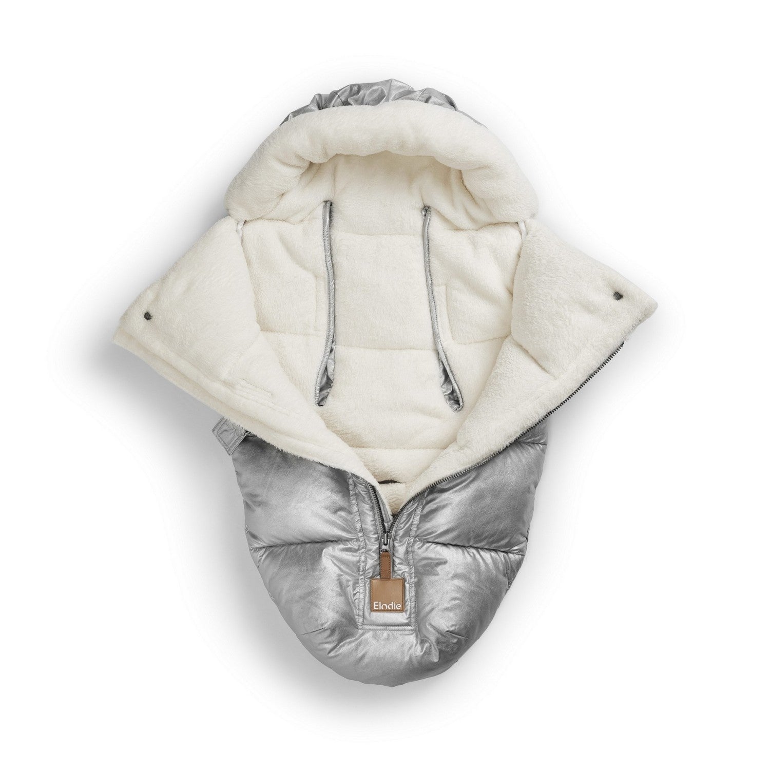 Luxurious Silver Sheen baby footmuff with thick padding, insulated panels, and cozy lining, perfect for cold winter days.