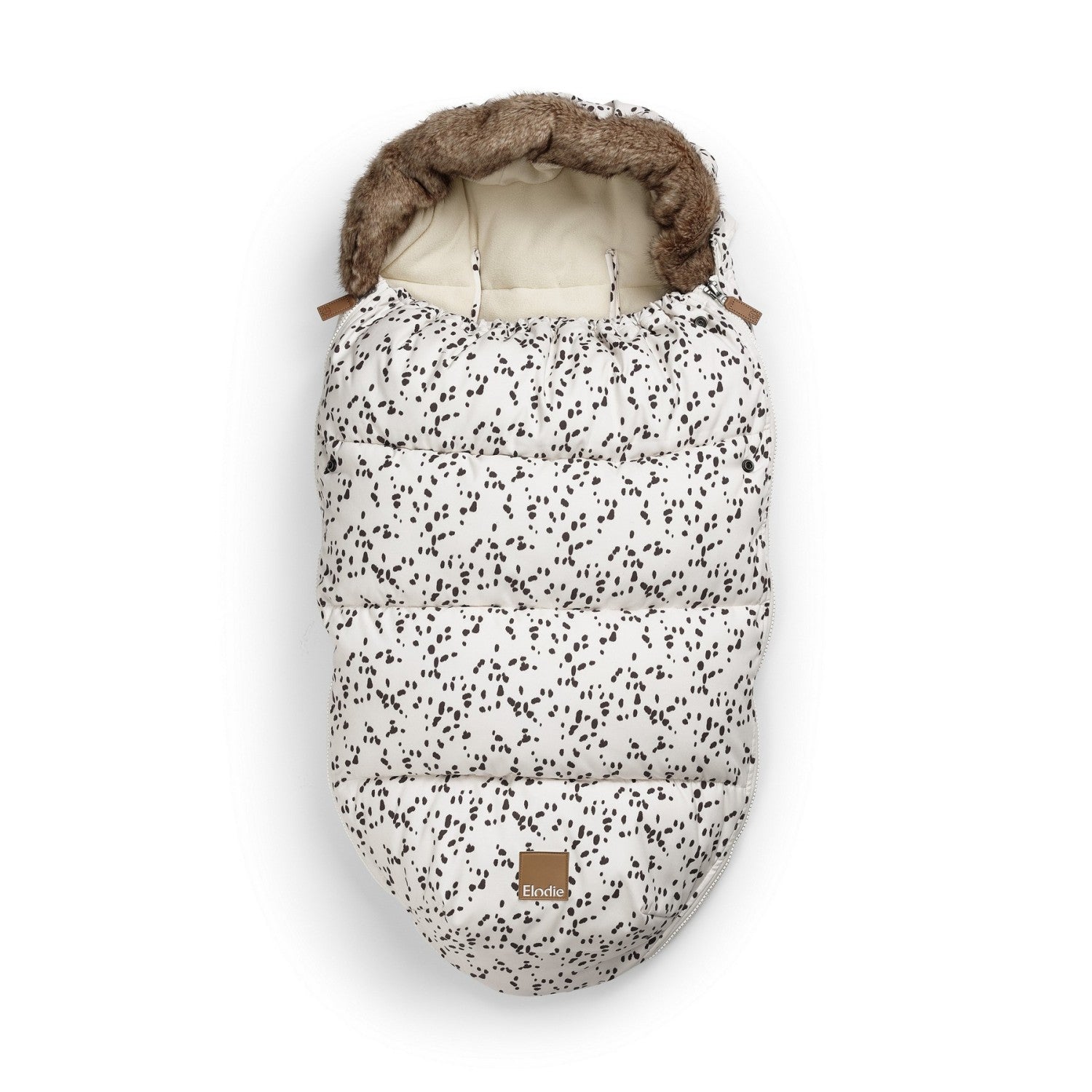 Fußsack Dalmatian Dots with thick padding and fur trim, ideal for keeping babies warm in winter, modern design for parents.