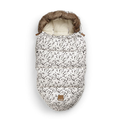 Fußsack Dalmatian Dots with thick padding and fur trim, ideal for keeping babies warm in winter, modern design for parents.