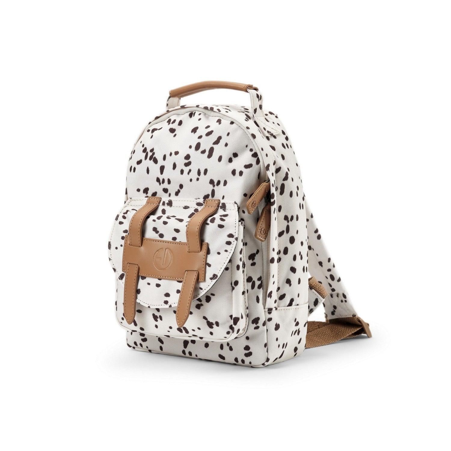 Kinderrucksack mit Dalmatian Dots Muster in Weiß mit braunen Details, ideal für kleine Abenteurer.