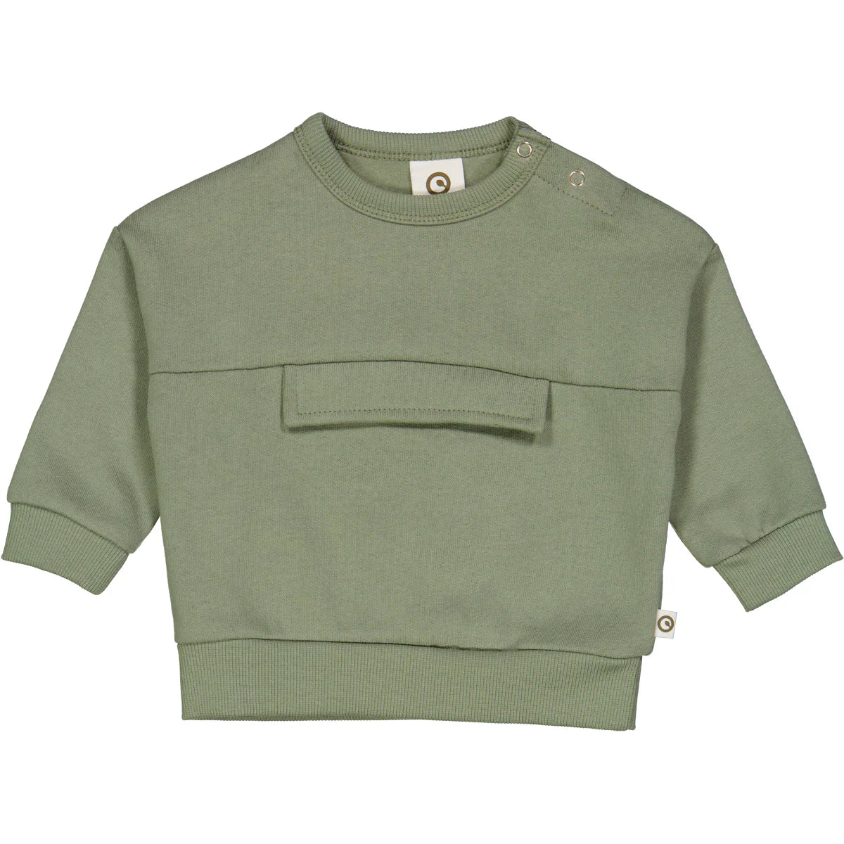 Green baby sweatshirt with front pocket and round neck, featuring a charming moss green color, perfect for stylish baby outfits.