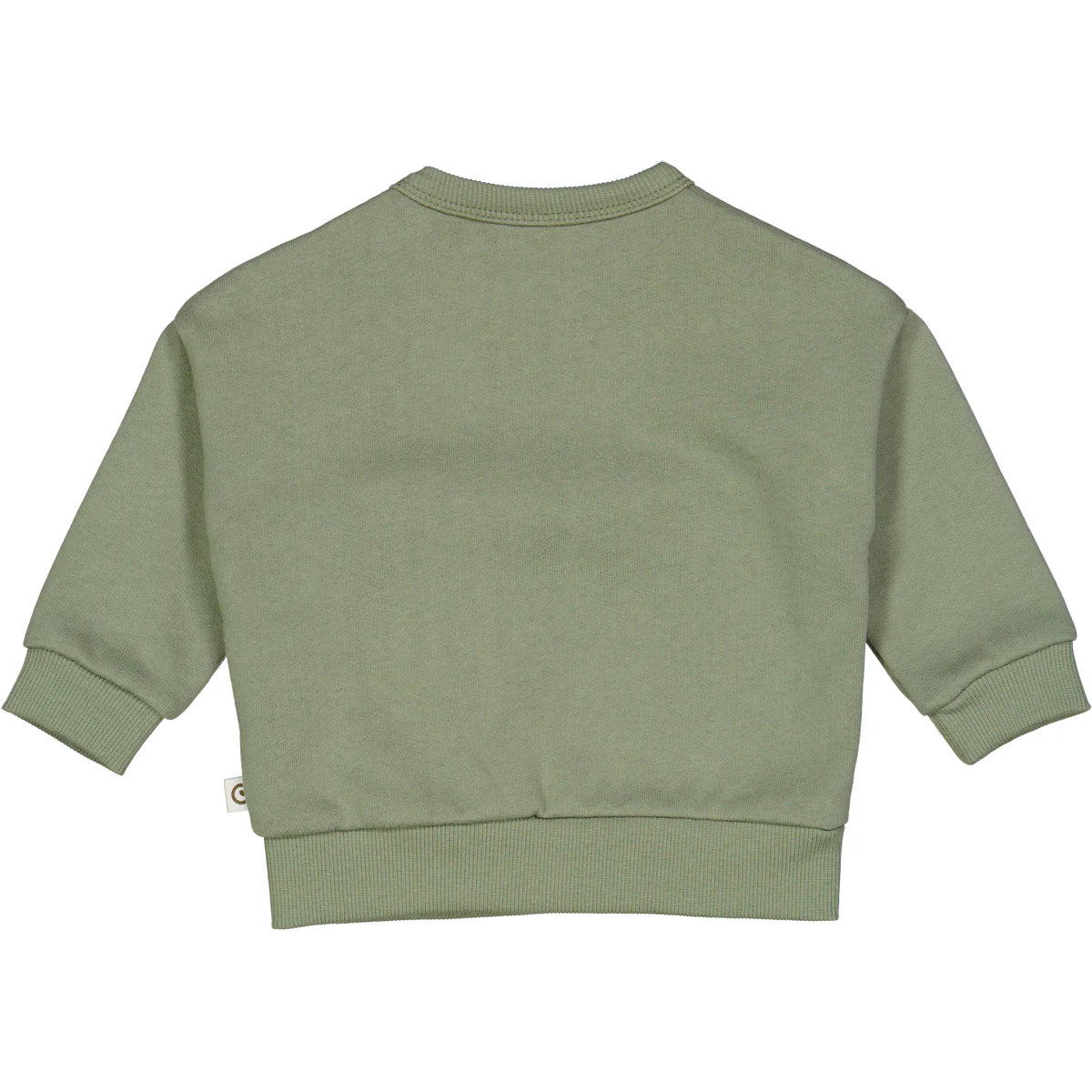 Green baby sweatshirt with pocket, rear view, showcasing moss green color and soft material.