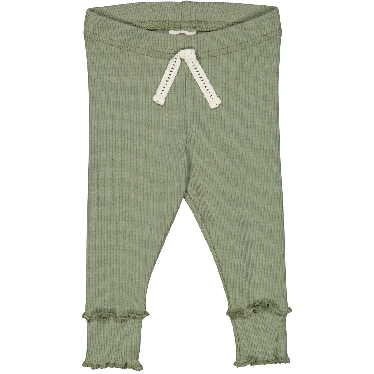 Olive green baby leggings with ruffled cuffs and a pointelle texture offering comfort and style.