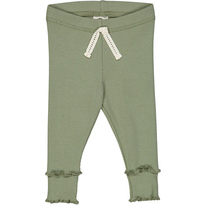 Olive green baby leggings with ruffled cuffs and a pointelle texture offering comfort and style.