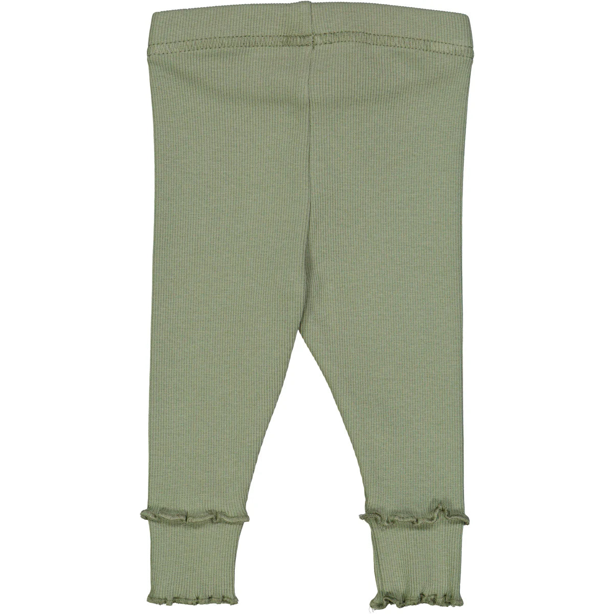 Green baby leggings in soft pointelle fabric with ruffled cuffs, offering comfort and style for infants.