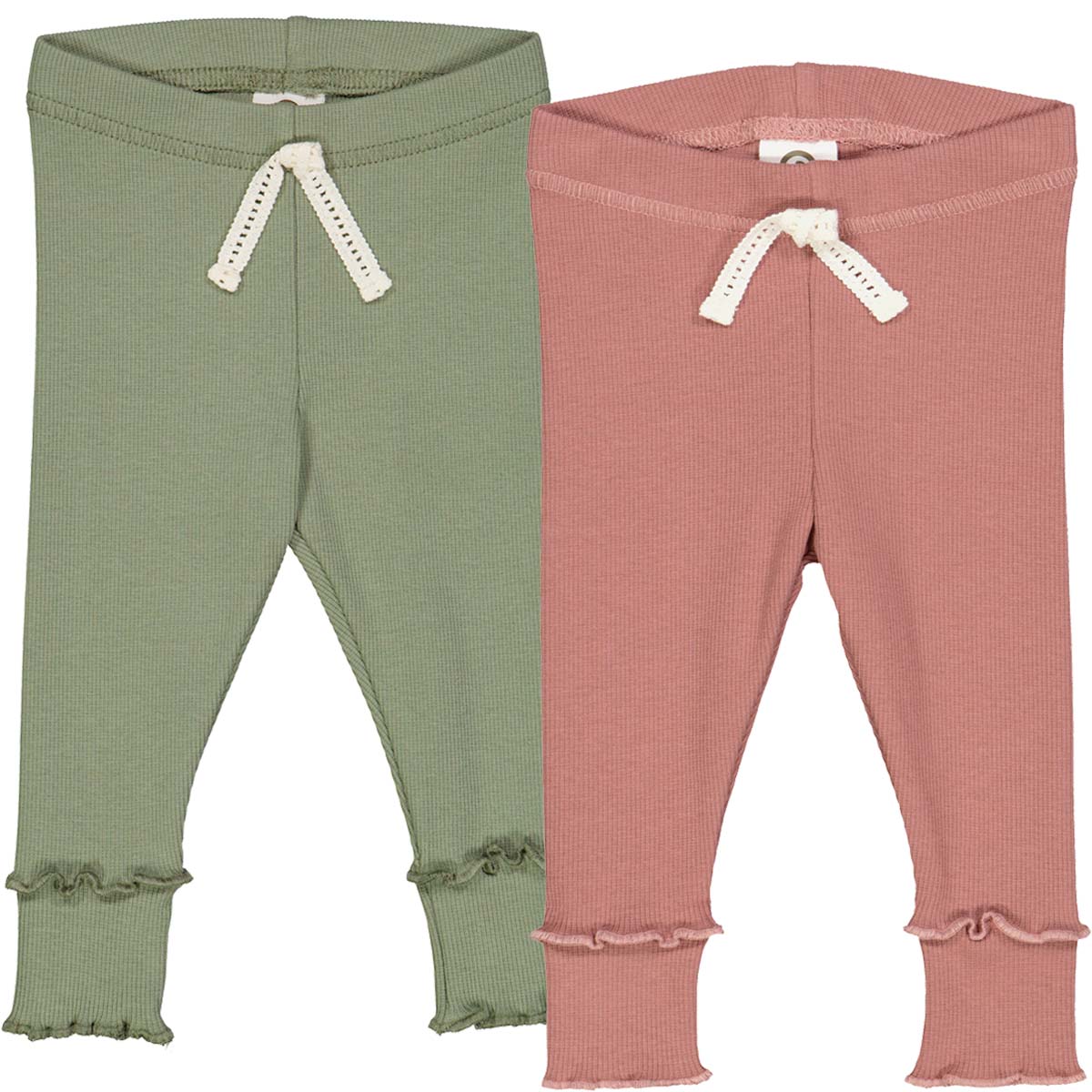 Baby leggings 2-pack in pointelle fabric, green and pink, with drawstring waist and ruffled cuffs for comfort and style.