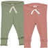 Baby leggings 2-pack in pointelle fabric, green and pink, with drawstring waist and ruffled cuffs for comfort and style.