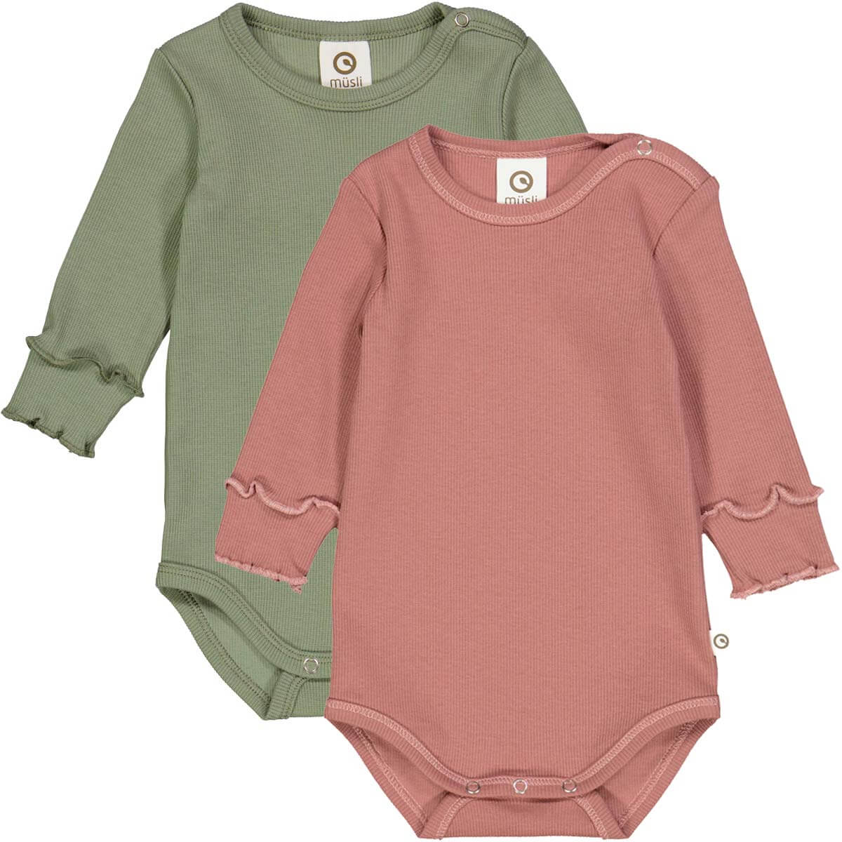 Langarmbody 2er-Pack in Rosa und Grün, weicher Rippenstrick mit gerüschten Ärmeln, Babybekleidung für Komfort und Stil.