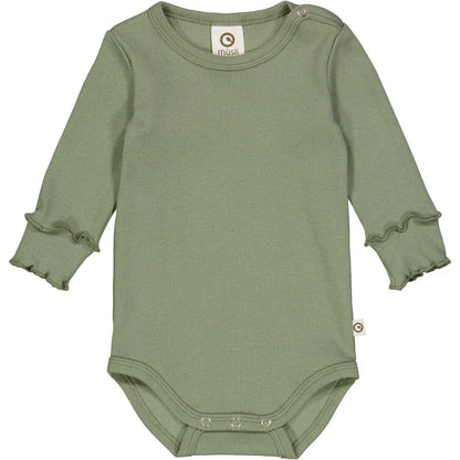 Green long-sleeve baby bodysuit with ruffled cuffs, made from soft ribbed fabric, ideal for comfortable and stylish baby wear.