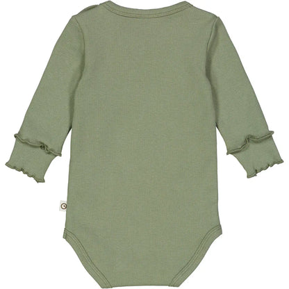 Green long-sleeve ribbed baby bodysuit with ruffled sleeve ends, soft and stretchy fabric for optimal comfort.