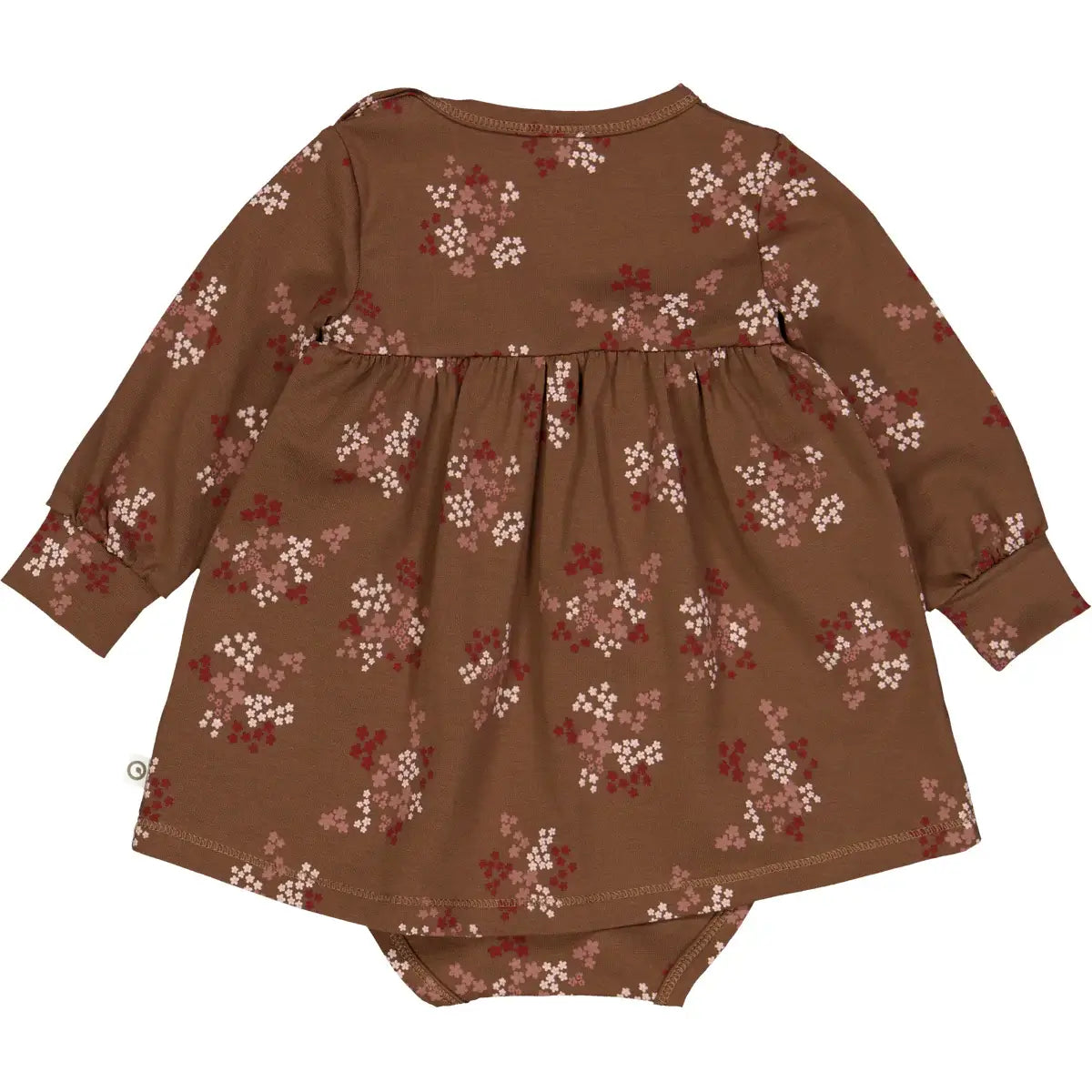 Süßes Bodykleid Flora mit langem Arm und floralem Druck in Rot- und Brauntönen für Babys.