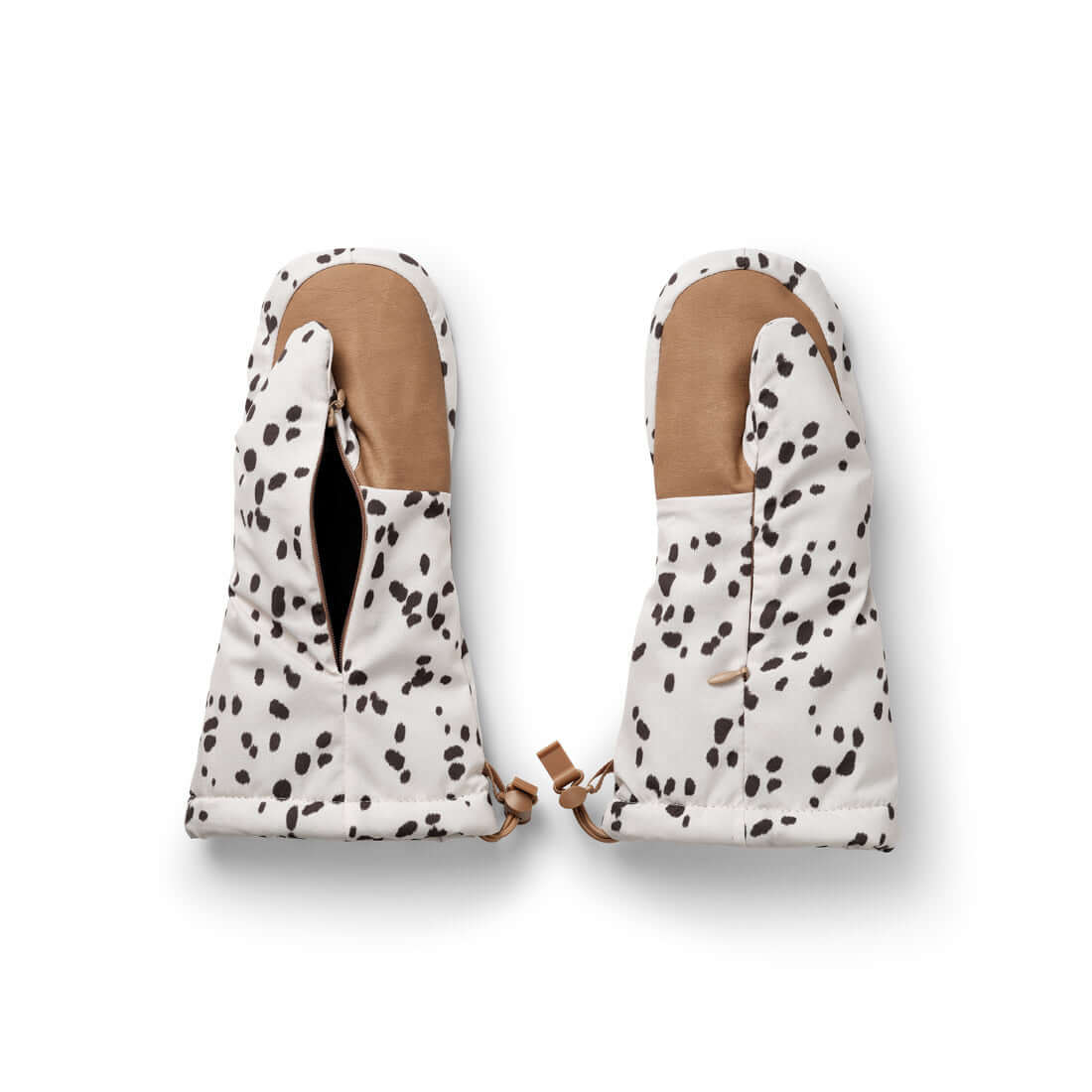 Kids Fäustlinge with Dalmatian dots pattern, featuring wide wrist opening and adjustable Velcro strap for easy wear.