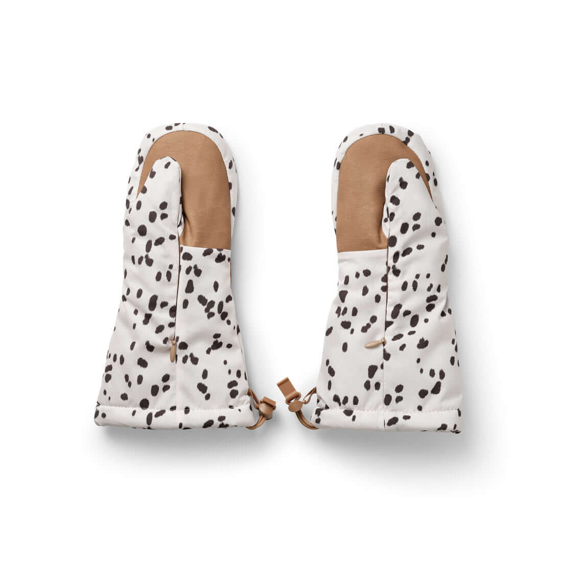 Dalmatian Dots Kids Fäustlinge with adjustable wrist opening and velcro closure for easy wear in two practical sizes.