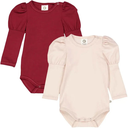 Langarmbody Puff 2er-Pack in Rot und Beige mit Puffärmeln und Druckknöpfen für Babys, aus hochwertiger Jersey-Qualität.