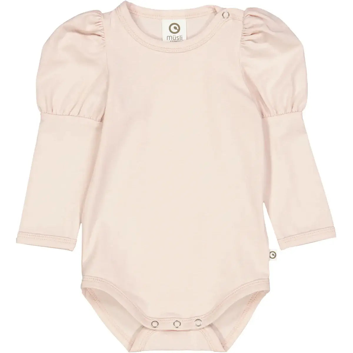 Baby long-sleeve bodysuit with stylish puff sleeves in soft pink jersey fabric featuring snap closures for easy changing.