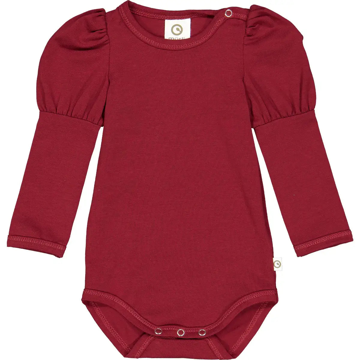 Langarmbody Puff baby bodysuit with puff sleeves in burgundy jersey fabric, featuring a stylish and comfortable design.