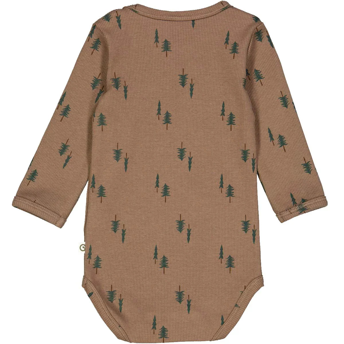 Langarmbody Nordisch with brown background and green tree patterns, made from quality ribbed fabric for adventurous kids.