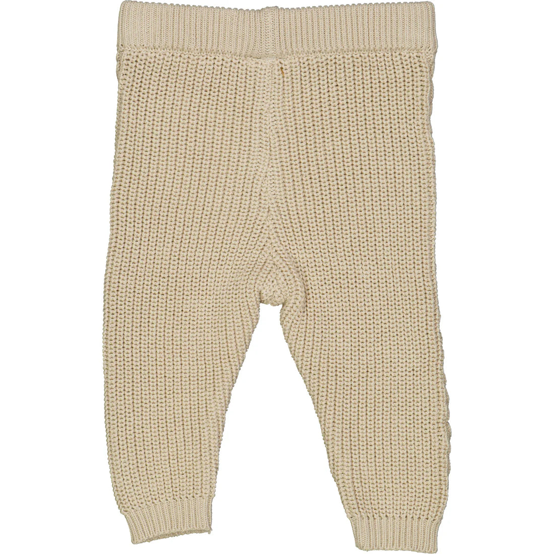 Beige knitted baby pants with elastic waistband for warmth and comfort.