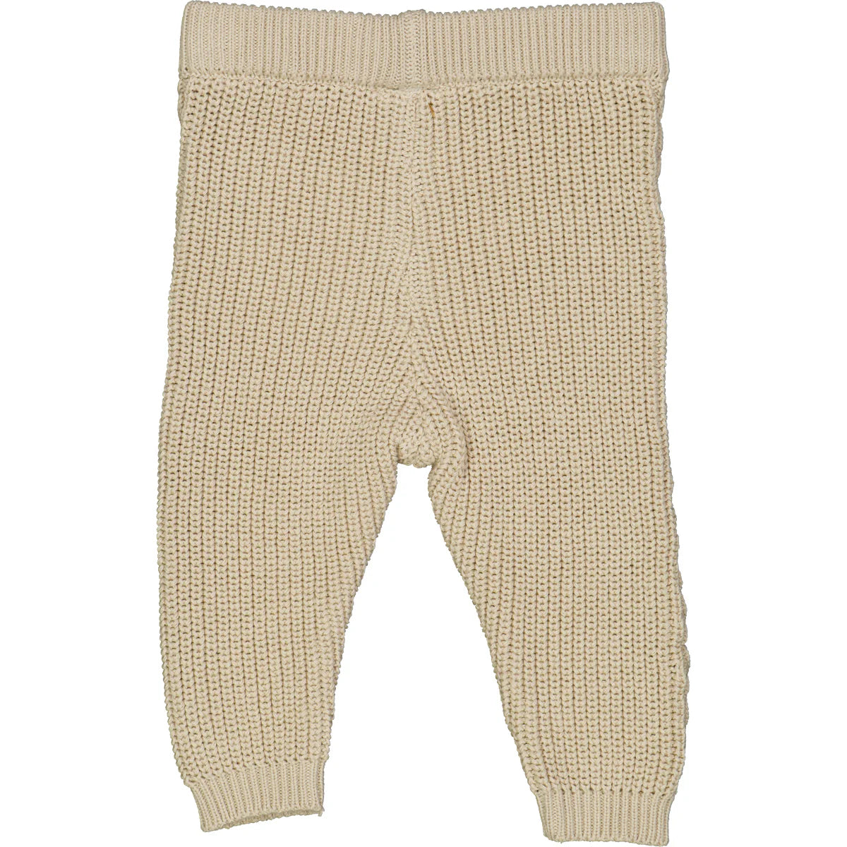 Beige knitted baby pants with elastic waistband for warmth and comfort.