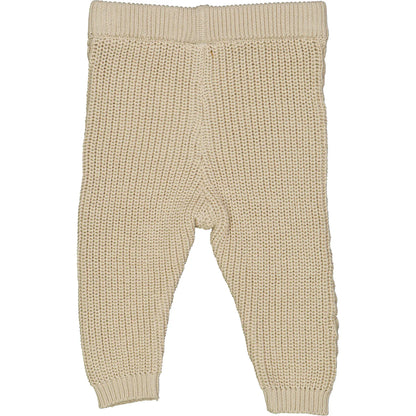 Beige knitted baby pants with elastic waistband for warmth and comfort.