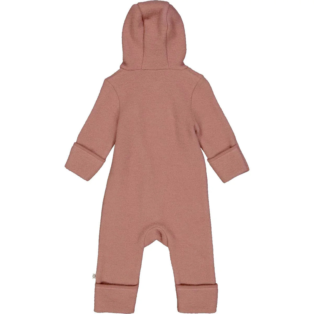 Organic wool fleece baby suit in pink with hood and cuffs, made from GOTS-certified Merino wool for year-round comfort and protection.