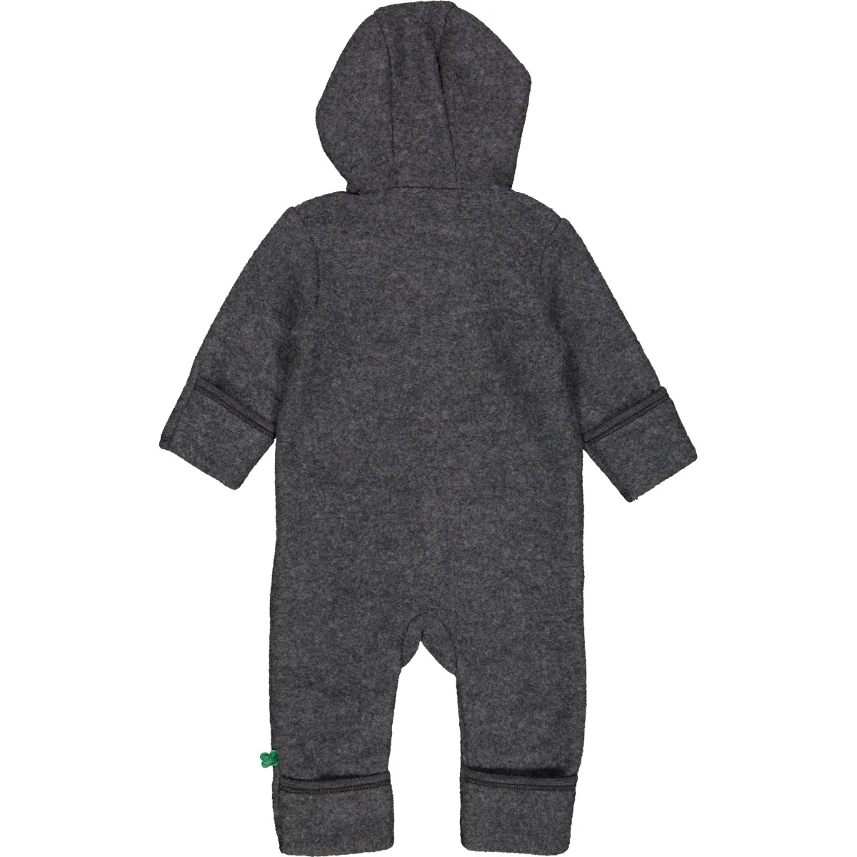 Gray baby fleece suit made from 100% organic Merino wool, providing warmth and breathability. Perfect for regulating temperature in cold weather.