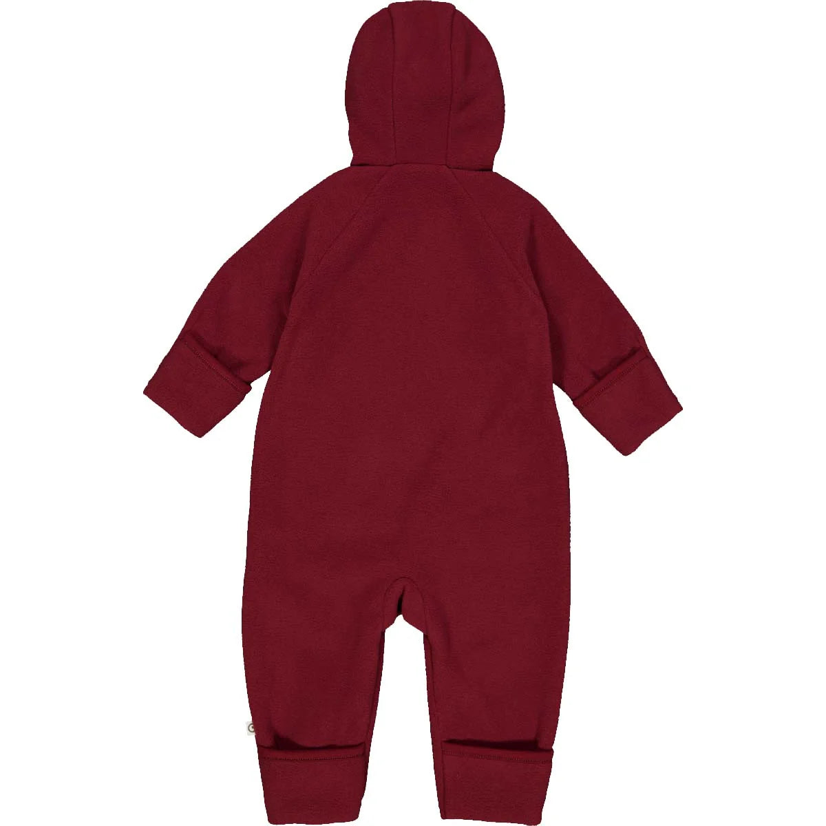 Red fleece baby onesie with hood made from soft Wollwalk fabric, offering warmth and comfort for cool days.