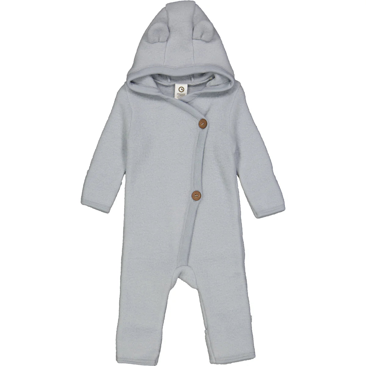 Blue baby fleece onesie made of GOTS-certified organic merino wool, offering warmth, breathability, and comfort in all weather conditions.