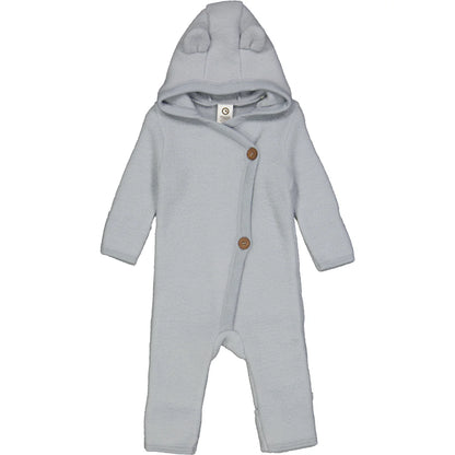 Blue baby fleece onesie made of GOTS-certified organic merino wool, offering warmth, breathability, and comfort in all weather conditions.