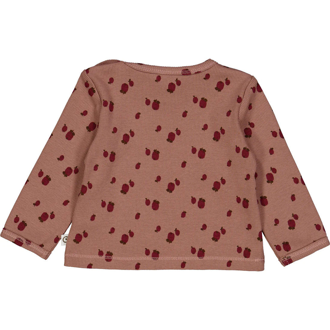 Long-sleeve apple-patterned shirt in light red ribbed fabric with scattered red apple motifs, showcasing comfort and style.