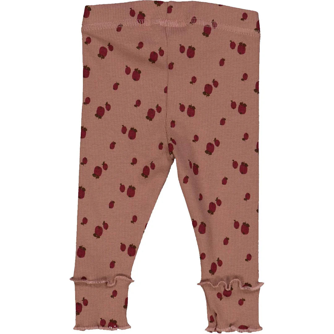 Baby leggings with apple print in high-quality pointelle fabric, featuring ankle ruffles for comfort and style.