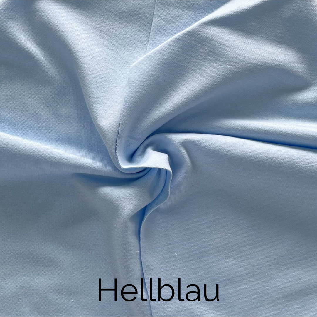 Hellblau Jersey-Stoffdetail, weich und elegant, perfekt für handgefertigte Knotenkissen und moderne Wohnräume.