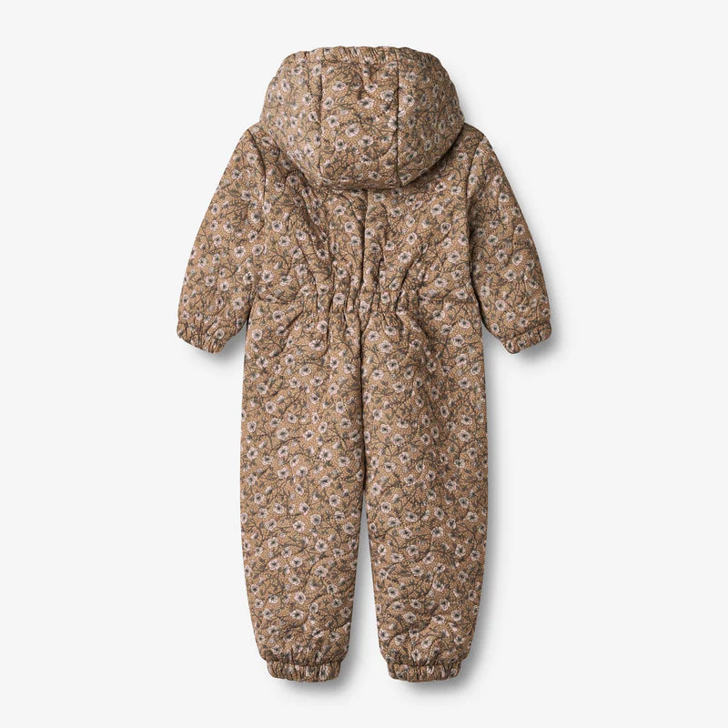 Caramel anemone print baby thermo suit with hood and elastic details for warmth and comfort.