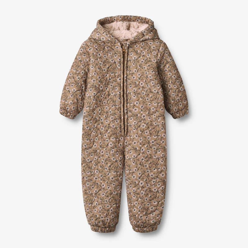 Caramel Anemones Thermo-Anzug for babies with hood and soft floral print, hand-drawn design for warmth and comfort.