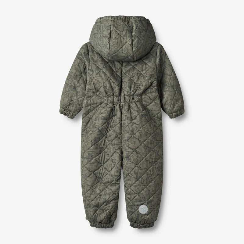 Thermoanzug Hayden für Babys in Grün mit Kapuze und Fellfütterung, handgezeichneter Druck, komfortable elastische Passform hinten