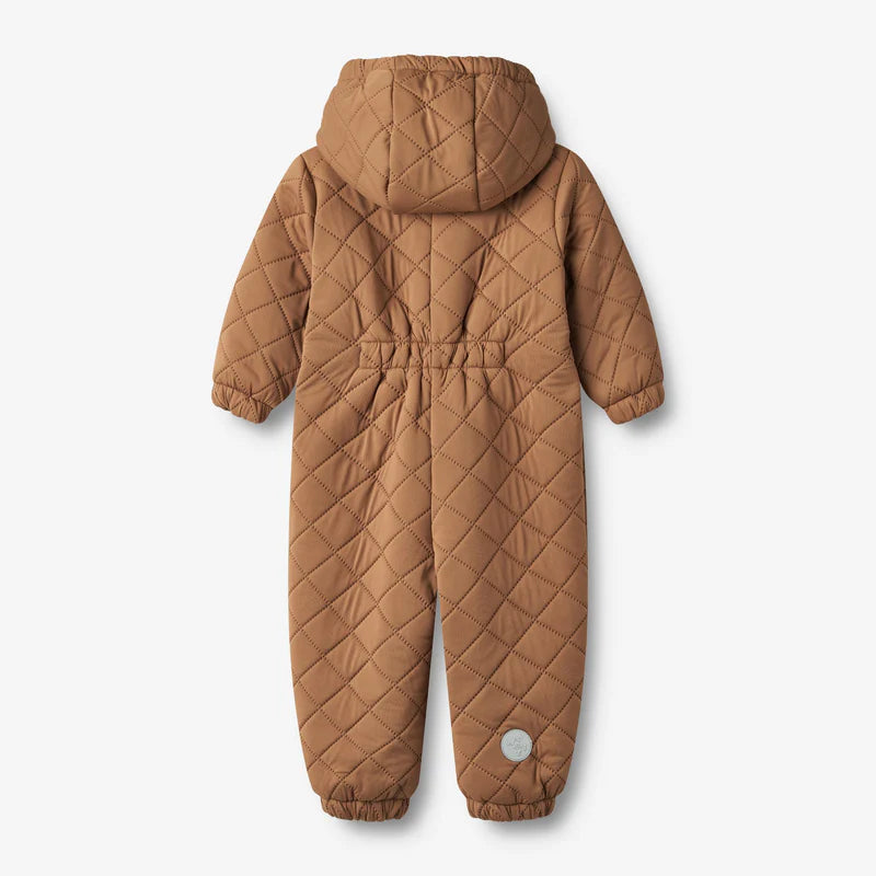 Caramel Thermo-Anzug Hayden for babies, featuring hand-drawn print, soft material, and hood for warmth. Perfect for cooler days.